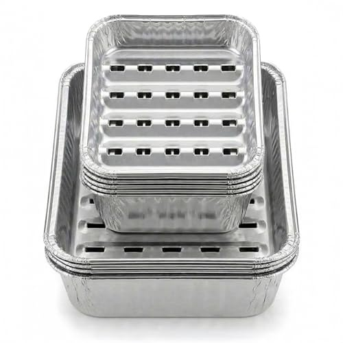 Chef Aid Aluminium Grill Schalen Set mit 10 kleinen Grill Schalen 10x14 und 14x21 cm Perforiert für gleichmäßige Hitzeverteilung für Fleisch Fisch Gemüse und Beilagen