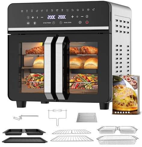 Heißluftfritteuse 23L XXL Mini Backofen mit Französischen Türen, 2600W Air Fryer Dual Zone mit Smart-Touch, Sync Finish, 15 Programme, Inkl. Rezeptbuch & 13 Zubehörteile, Metallgehäuse