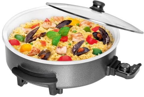 Clatronic® Partypfanne | Multifunktionspfanne zum Kochen, Braten und mehr | Keramikbeschichteter Bräter mit Deckel | Elektrischer Topf mit Thermostat | Ø 42 cm, T:9 cm | PP 3570 C