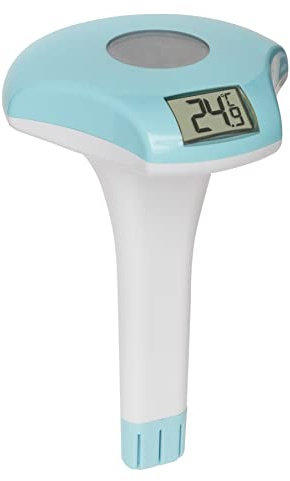 TFA Dostmann Digitales Poolthermometer mit Solarfeld | solarbetrieben, schwimmend mit Befestigungsleine, Wassertemperatur messen, 30.2033.20, weiß-türkis