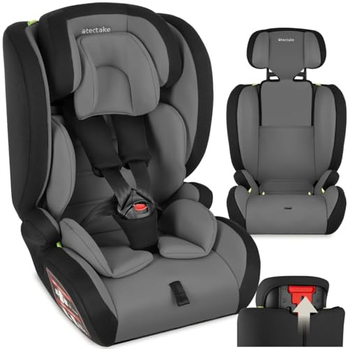 tectake® Autositz mit 5-Punkt-Gurt, i-Size Zulassung, mit Seitenaufprallschutz, Kindersitz Sitzerhöhung für Kinder von 76-150 cm, bis 36 kg, Kindersitzerhöhung, ohne Isofix - dunkelgrau/schwarz