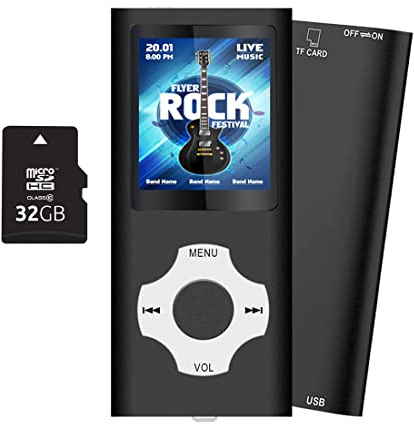 Tabmart MP3 MP4 Musik Player Inklusiv 32GB MicroSD Unterstützung Audio Player Media Player 1,81 Zoll Farbdisplay FM Radio E-Books Lange Akkulaufzeit Musik Player Schwarz