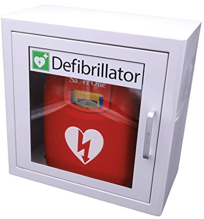 Saver One AED Defibrillator A1 (SVO-B0847) (vollautomatische Schockauslösung) mit Metallwandkasten und AED-Standortwinkel