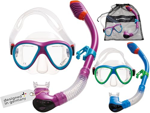 DYNAMICNORD La Gomera Pro Junior Kinder Schnorchelset Premium – Tauchmaske mit großem Sichtfeld & Sicherheitsglas, Dry Top Schnorchel mit Ventil, inkl. Tasche, ideal für Urlaub & Meer