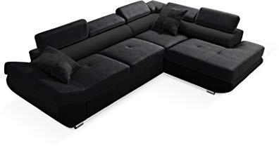 Robin Inspire Saturn Ecksofa mit Schlaffunktion L-Form Rechts Schwarz | 280 cm 4-Sitzer Schlafsofa mit Bettkasten, 5 verstellbare Kopfstützen, 2 Kissen, Wohnlandschaft, freistehende Eckcouch