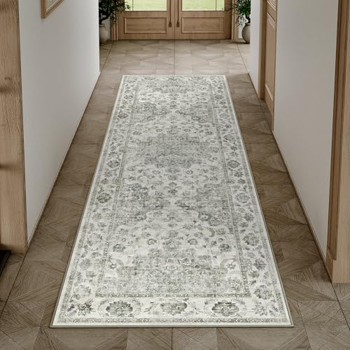 HUGEAR Vintage Grün Waschbarer Läufer Teppich Flur 60x180cm Bettvorleger Küchen Wohnzimmer Schlafzimmer Teppiche rutschfest Kurzflor Weich Flurläufer Teppichläufer