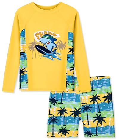 ZOEREA Jungen Boardshorts + Langarm UV Schwimmshirt 2teiliges Badeset Schnelltrocknend für Kinder 9-10 Jahre