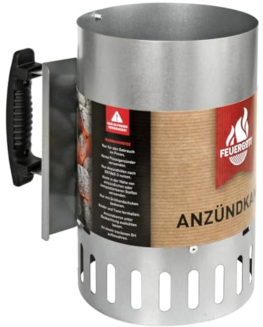 FEUERGOTT Anzündkamin Big XXL - Grillkohle Grillanzünder mit natürlichem Zugmechanismus, für Holzkohle und Briketts und BBQ-Grill, hitzebeständiger Griff und Hitzeschutzblech, 27x17x27,5 cm