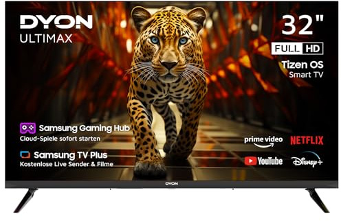 DYON ULTIMAX 32F-TI 32 Zoll Full HD Smart Fernseher | Tizen OS, Smart Hub, Gaming Hub für Cloud Gaming, mit gratis Live TV, Triple Tuner, WLAN, Bluetooth, ideal für Kinderzimmer