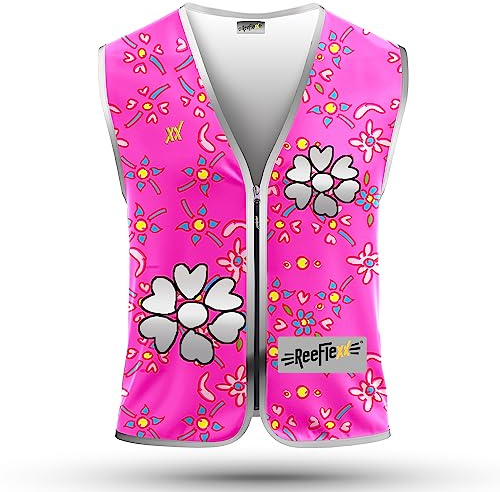 REEFLEXX Warnweste Kinder Sicherheitsweste, erhöhte Sichtbarkeit im Straßenverkehr, Schule, Fahrrad oder Auto, Pink Flower Hearts - Größe L