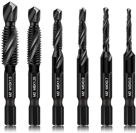 Upgraded 6er-Pack Kombi-Bohr- und Gewindebohrer-Set Metrisch- 6542 M2 HSS Stahl mit Anti-Rost-Beschichtung, M3 M4 M5 M6 M8 M10 Bohr-Gewindebohrer-Senker Bits, 1/4” Hex-Schaft