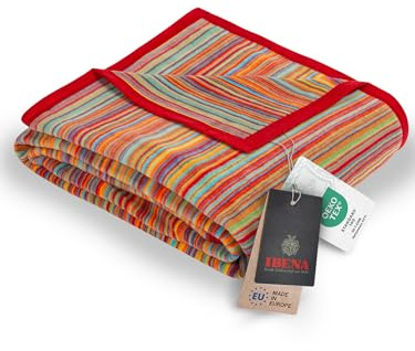 Ibena Malang Wolldecke 150x200 cm - Baumwollmix weich, warm & waschbar, Kuscheldecke Streifen bunt