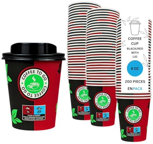 Enpack - 200 Kaffeebecher mit Deckel - 200ml/8oz - Ökologische kompostierbare Trinkbecher - Hitzebeständige To Go Becher - Recycelbar Einwegbehälter für Kaffee/Tee/Kakao
