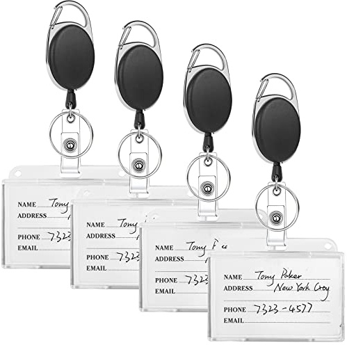 4 Stück Ausziehbare Schlüsselanhänger, Kartenhalter Ausweishülle mit Band | Bis 60 cm Ausziehbarer Ausweishalter, 7 x 9 cm Ausweishülle aus Hartplastik für ID Card, Zugangskarten und Schlüssel
