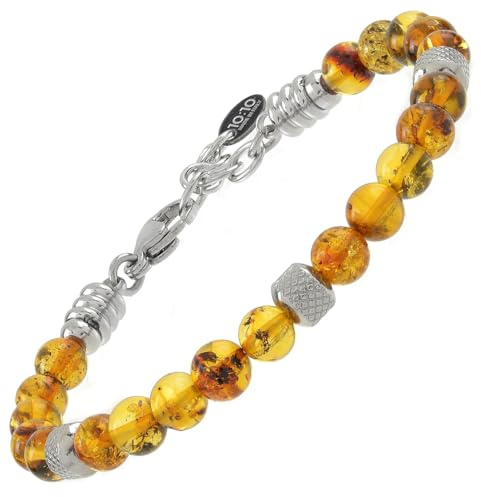 10:10 Herren-/Damen-Armband mit natürlichen Bernstein-Steinen 6 mm, Edelstahl, verstellbare Größe, Made in Italy, Regolabile, Stein Edelstahl