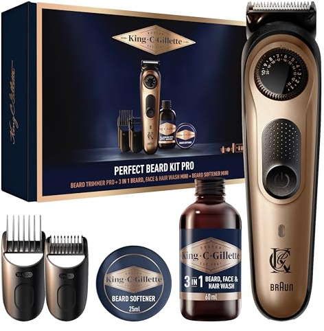 King C. Gillette Barttrimmer Pro, Geschenkset, Kupfer - Bartschneider Herren, Trimmer mit Präzisionsrad für 40 Längen, Kabelloser Bart Rasierer, Inkl. Bartshampoo 60ml + Bartbalsam 25ml