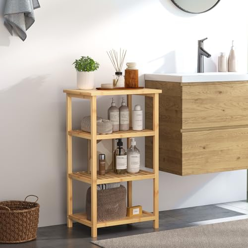 Dripex Badregal stehend, Badezimmerregal mit 4 Ebenen, Standregal Bambus, verstellbare Aufbewahrungsregal, für Küche Bad Wohnzimmer Flur Balkon, 40X30x70cm