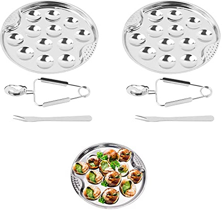 YJFY 2 Satz Schneckenteller Edelstahl Schneckenpfanne 12 Löcher mit Küchenzange und Schneckengabel Edelstahl 3 Stücke Meeresfrüchte Werkzeug Set für Servierpfannee Zuhause Restaurant Hotel Zubehör
