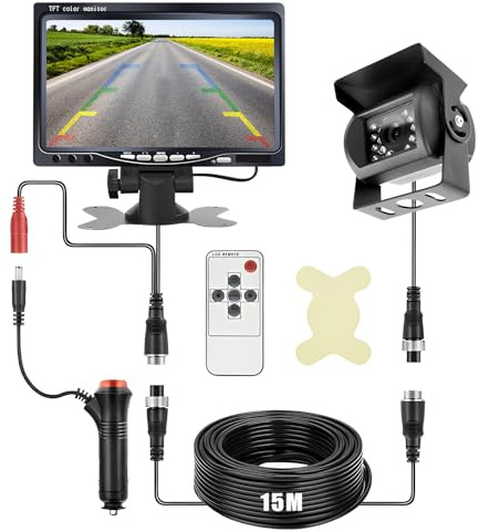 Rückfahrkamera Set mit Kabel 7 LCD Monitor, Nachtsicht Auto Backup-Kamera | Kabel Rückfahrkamera mit Stabilem Signal mit 15m Kabel 12 V 24 V, für Wohnmobil Van Trucks Bus Trailer Schwertransport