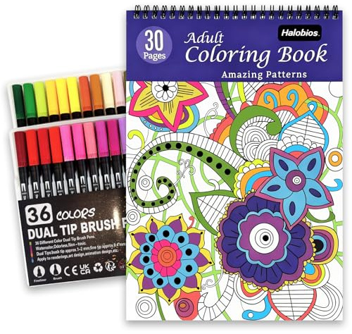 Malbuch für Erwachsene mit Spiralbindung und Marker Set, Ausmalbuch für Erwachsene Entspannung mit 36 Farben Marker, Angst Relief Geschenke mit 30 Mustern enthalten Mandala Tier Blumen