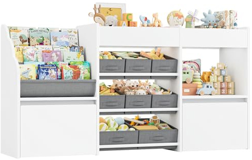 HOCSOK Kinderregal mit 8 Boxen auf Rollen, Regal Kinderzimmer mit Bücherregal, Spielzeugregal Kinderzimmer für Schlafzimmer Kindergarten, Weiß, 158x80x29.7cm