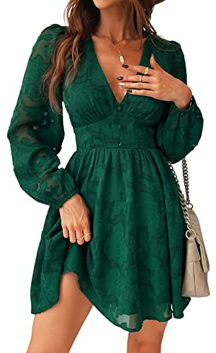 CUPSHE Damen Kleid Spitzenkleid V Ausschnitt Knöpfen Langarm Floral Spitze A Linie Freizeitkleider Elegant Party Mini Dress Grün XL