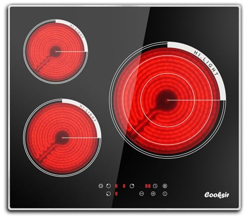 Cooksir Glaskeramikkochfeld mit Rahmen, Kochfeld 3 platten, 5700W, 60cm, Einbau Glaskeramikkochfeld 3 Zonen, Glaskeramik Kochplatte mit Infrarot-Wärme, 9 Leistungsstufe, Kein Stecker