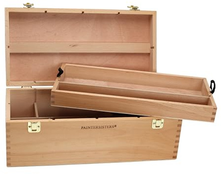 Paintersisters XL-Utensilienkoffer, Malkoffer, Malbox, Pinsel Schatulle Holz, Werkzeugkiste, Aufbewahrung