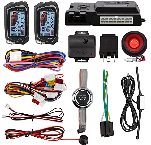 EASYGUARD EC207-M9-SR 2-Wege-Auto-Alarm-Sicherheitskit mit LCD-Pager-Display, Druck-Start-Taste, Fernbedienung, Motorstart, mit Sirene, DC12 V
