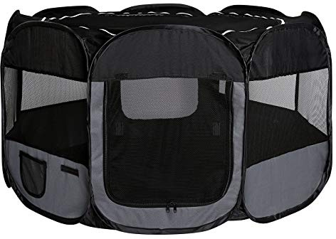 lionto Welpenauslauf faltbar aus Oxfordgewebe & atmungsaktivem Netzstoff, Ø 110cm, Höhe 64 cm, Laufstall für innen & außen mit 2 Eingängen, Pop-up-System, inkl. Tragetasche & Heringe, schwarz/grau