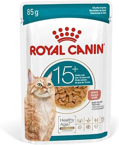 ROYAL CANIN AGEING 15+ Gravy | 12 x 85 g | Nassfutter für Senior Katzen ab dem 15. Lebensjahr | Formel mit dem HealthyAge7™ Advanced Complex | Stückchen in Soße