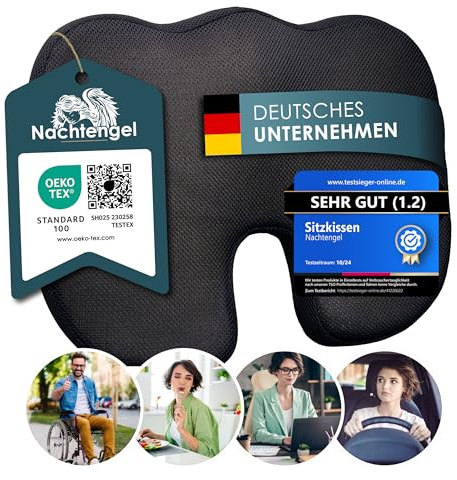 Nachtengel Sitzkissen orthopädisch Memory Foam – Hart 85–120 kg | Ergonomisches Steißbeinkissen für Bürostuhl, Auto & Homeoffice – U-Form, Druckentlastung, OEKO-TEX, hart 85–120 kg