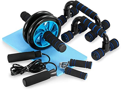 TOMSHOO Bauchroller Fitnessgeräte Set, Home Gym Sportgeräte mit Bauchtrainer, Liegestützgriffe, Kniematte, Überspringen, Handtrainer, ideal für Männer und Frauen zu Hause zu trainieren