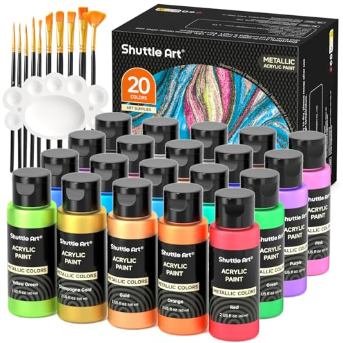 Shuttle Art 20x60ml Metallic Acrylfarben Set mit 10 Pinselset und 1 Palette | Glitzer Acrylfarben Metallic, Acrylic Paint Set für Erwachsene zum Basteln, Malen, Dotting auf Leinwand, Holz, Stein, Kürbis