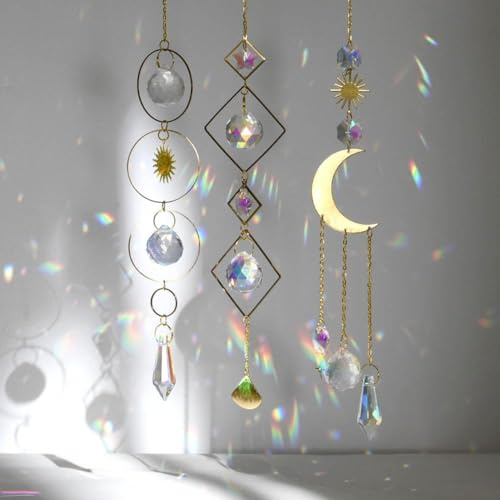 OFFCUP Sonnenfänger Kristall Windspiel, 3 Stück Sonnenfänger Kristall | Hanging Windspiel Regenbogen Sonnen Mond Anhänger Kristalle, Ornament Kristallkugeln für Garten Zuhause Büro