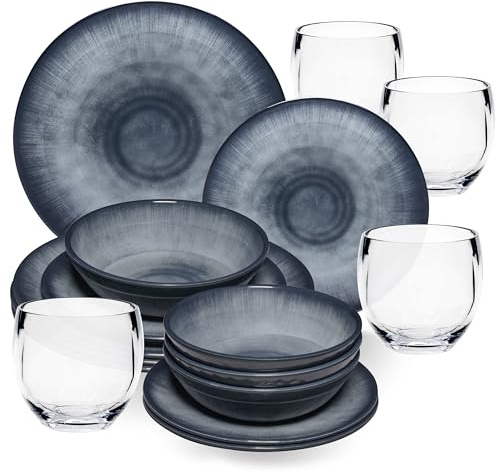 Melamin Geschirr Set Jesolo Grau für 4 Personen 16 Teile klarem 400ml Acryl