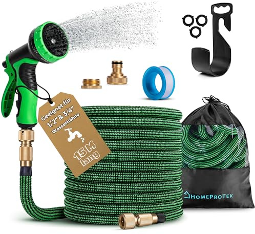 HOMEPROTEK Gartenschlauch Flexibel 15m Bewässerungsschlauch, Flexibler Wasserschlauch, Dehnbarer Flexschlauc mit 1/2 zoll und 3/4 zoll Messingverschraubungen, 3-Fach Latex Balkonschlauch, Garden Hose