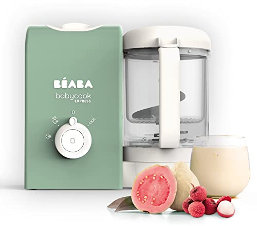 BEABA, Babycook Express, Baby Robot 4 in 1 Mixer/Standmixer, 15 Min. schnelles Kochen, Mixen nach Maß, schonendes und gesundes Dampfgaren, Auftauen, homogene Textur, Kapazität 1 250 ml, Salbeigrün