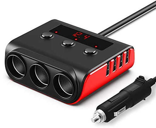 Auto Ladegerät Adapter, SONRU 3 Fach KFZ Zigarettenanzünder Verteiler mit 4 USB Ports, 120W 12V/24V DC Mehrfach Steckdose Splitter mit LED Voltmeter Getrennte Schalter für GPS/Dash Cam/Telefon