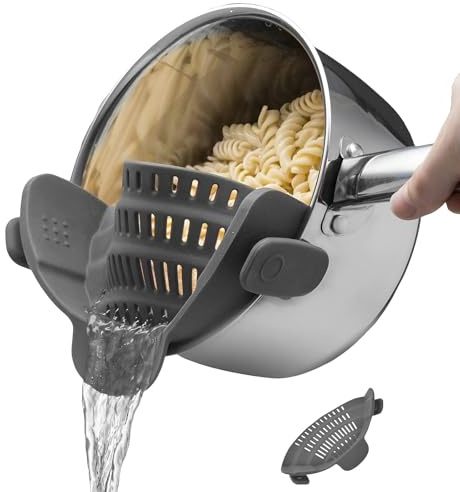 Silikon Abgießer mit Clip – Flexibles Topf-Sieb zum Abgießen von Nudeln, Gemüse & Kartoffeln – Hitzebeständig & BPA-frei – Küchenzubehör （Grau）