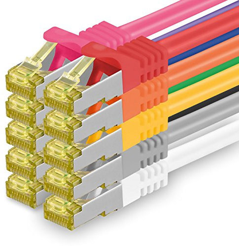 1aTTack.de CAT 7 LAN Kabel 0,5m 10Gbps S/FTP (10 Stück 10 Farben) | 1m 2m 3m 5m 7,5m 10m 15m 20m 25m 30m, RJ45 Hochgeschwindigkeit, geschirmtes Ethernet Kabel für Gaming, Modem, Router, PC
