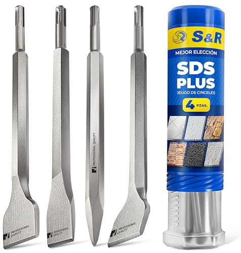 S&R Bohrhammer Meißel-Set SDS-plus, 4-teilig, robust und hitzegehärtet – 1x Flachmeißel, 2x Fliesemeißel, 1x Spitzmeißel für Beton, Mauerwerk, Ziegel und Asphalt – Werkzeug-Stahl