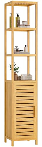 VIAGDO Hochschrank, Badezimmerschrank Bambus, Badschrank hoch mit 3 offene Fächern und Schrank, hoher Beistellschrank, Aufbewahrungsschrank, für Badezimmer, Flur, Küche, Wohnzimmer