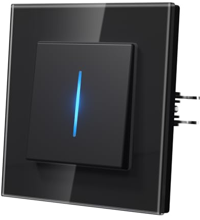 MVAVA Lichtschalter Unterputz, Lichtschalter mit Blaue Leuchtstreifen, Moderne Glas Schalter, Einfache Montage 86mm*86mm Wandschalter, 1 Fach 1 Weg Schwarz