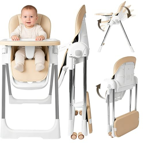 Baby Hochstuhl Klappbarer 4in1, Kinderhochstuhl Multifunktionaler Verstellbar, Babystuhl mit Tablett Abnehmbares und Rollen, Kinderhochstuhl Mitwachsender mit 5-Punkt-Gurt, Kinder Essstuhl, Beige