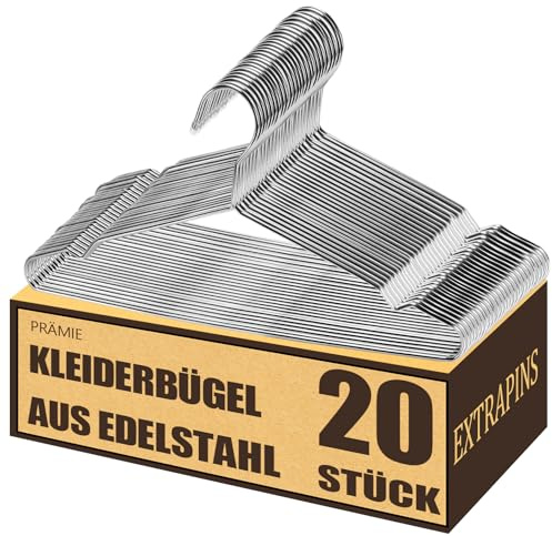 EXTRAPINS 20 Stück Kleiderbügel, Drahtbügel, 42 cm, Silber | Strapazierfähige Metall Kleiderbügel mit Einkerbung, Rutschfest und Stabil, for Anzug, T-Shirt, Hemden and Hosen