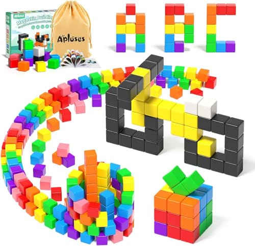 Apluses 54-Teiliges Magnetische Bausteine, Magnetische Bauklötze für Kleinkinder ab 3 Jahren, Montessori-Spielzeug, Magnetwürfel, Magneten für Kinder im Alter von 3-5 Jahren, Jungen und Mädchen