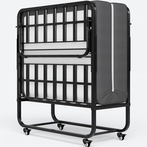 Brinlawb Klappbett 90x200cm mit 13cm dicker Memory-Schaum-Matratze, Gästebett klappbar mit 4 flexiblen Rädern, fester und stabiler Klappbettrahmen aus Metall – trägt bis zu 200 kg einfach zu montieren