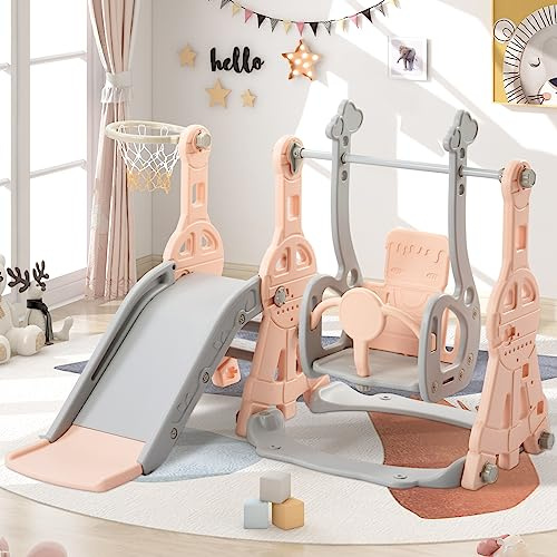 Rutsche Indoor ab 1-6 Jahr, 4 in 1 Kinderrutsche Schaukel mit Basketballständer, Kletterleiter, Schaukel Rutsche Gartenrutsche, Jungen und Mädche, Rosa