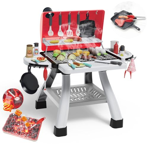 BBQ Grillspielzeug für Kinder ab 3 Jahren, 2 stufiges Outdoor Küchenspielzeugset Sound & Light, 41 teiligem Kochgeschirrset drinnen und draußen,Geschenk für Jungen und Mädchen von 3 bis 8 Jahren